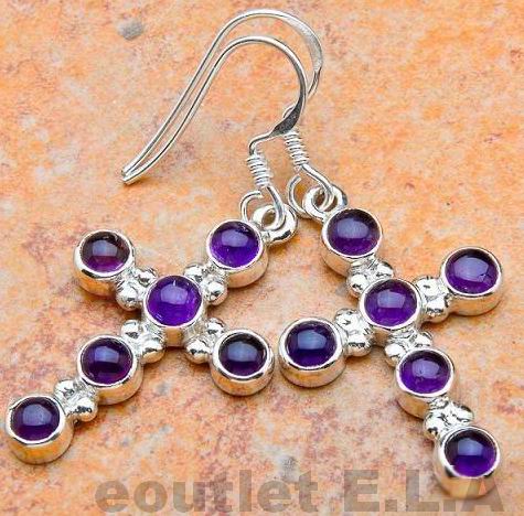 42x18mm NATURAL AMETHYST CROSS SOLID SILVER EARRINGS